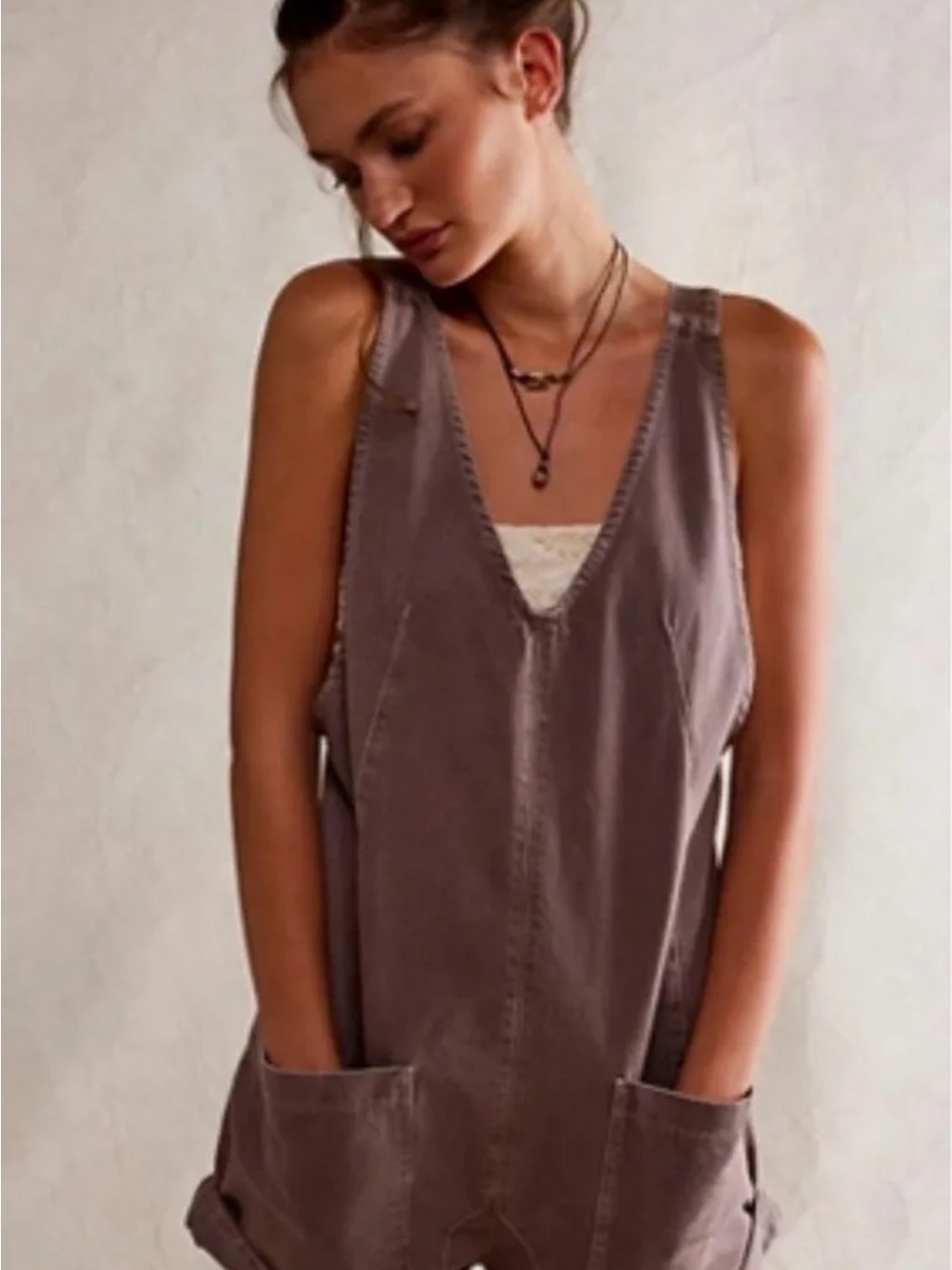 We The Free Taupe Utility Pocket Denim Romper with Lace Inset